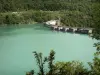 Barrage de Vouglans - Barrage, lac de Vouglans (retenue d'eau artificielle) et arbres sur la rive