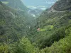 Gorges du Flumen - Gorges, montagnes, arbres et maisonnette ; dans le Parc Naturel Régional du Haut-Jura